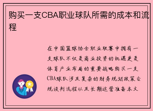 购买一支CBA职业球队所需的成本和流程